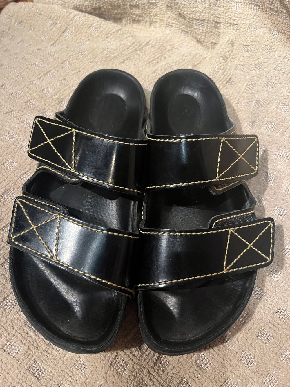 Birkenstock Proenza ShuelerDouble-Strap Slides with Yellow Contrast Stitching